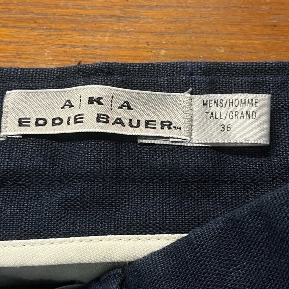 VTG Eddie Bauer Mens 36 Tall Linen Pleated Pants Navy Blue USA Suspender Buttons